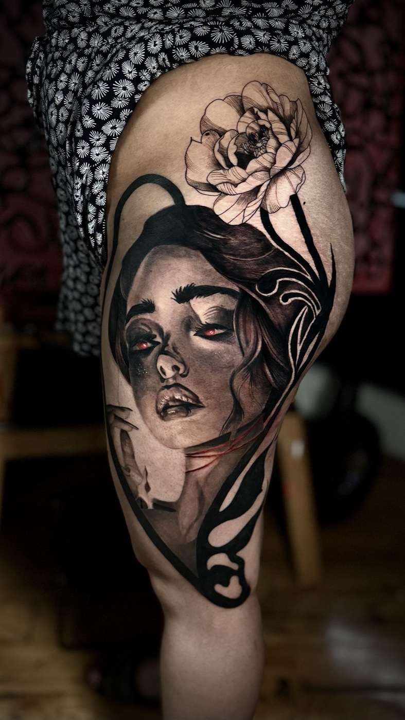 Flora — she who blooms in shadow · tattoo by Camo Contreras