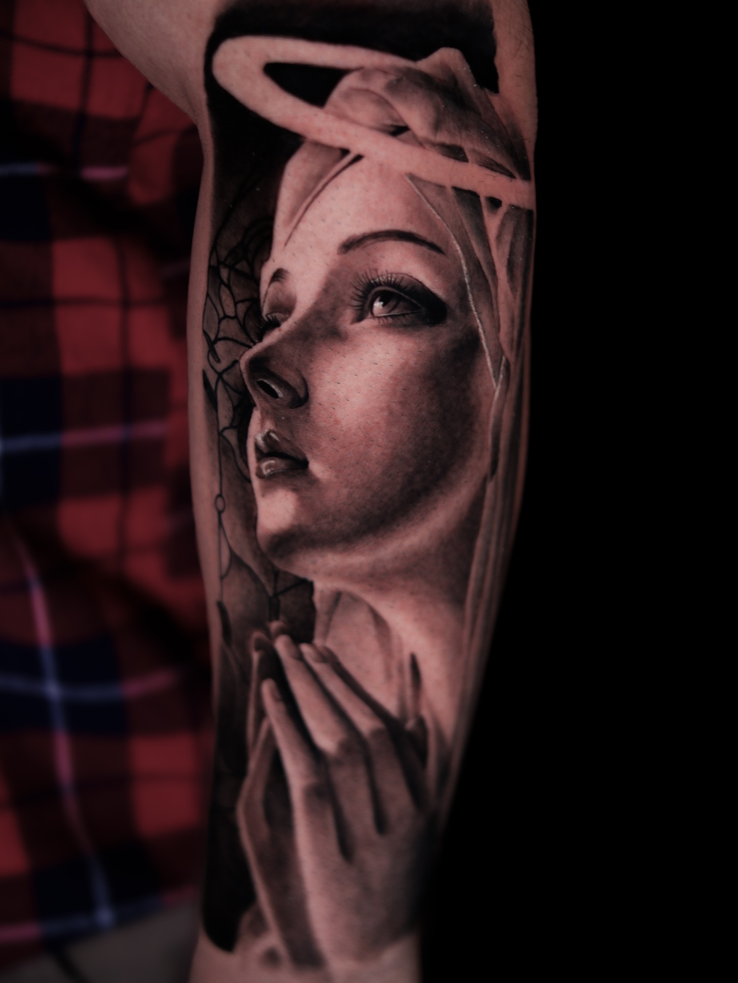 Madonna — she who hears every prayer · tattoo by Camo Contreras