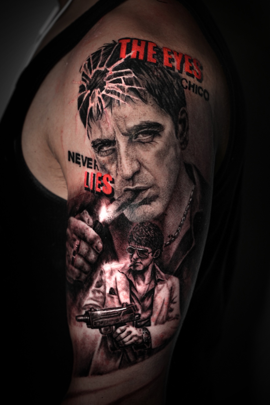 Scarface — the eyes, chico · tattoo by Camo Contreras